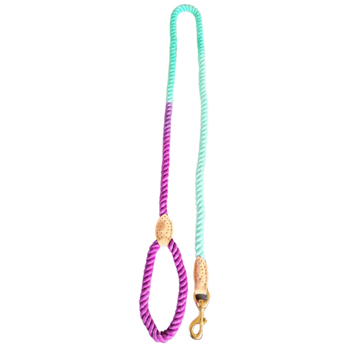 A purple and blue Anything Pets Ocean Leash with a gold hook from Anything Pets