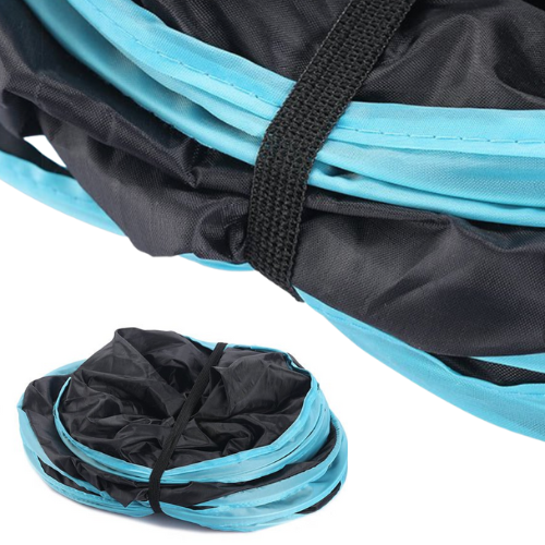 A pair of Anything Pets Three Tunnel black and blue striped bags.